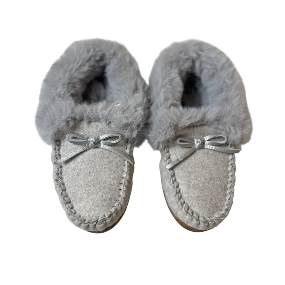 J Crew  Womens Gray‎ Heathered Faux-Shearling Moccasins Slippers Size 6 Comfort